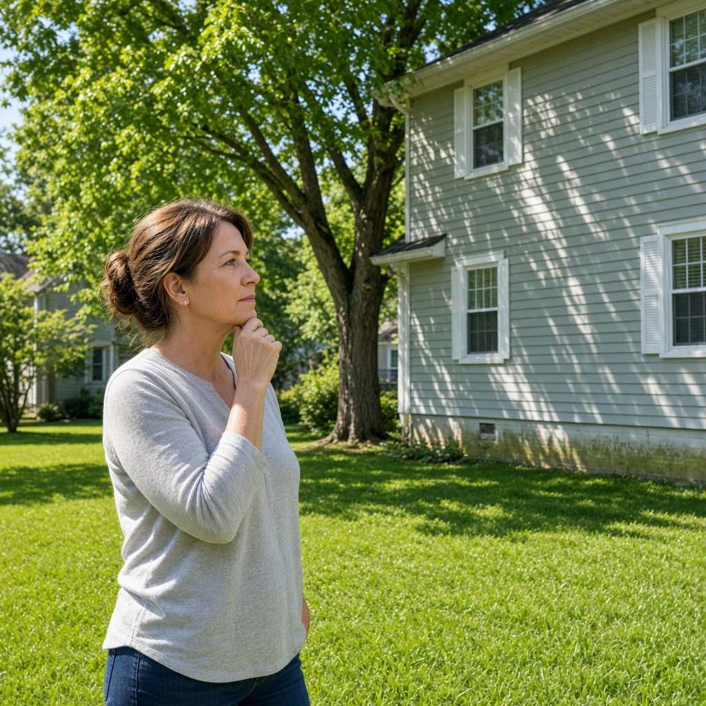 Homeowner looking thoughtfully at the shaded, slightly algae-tinged side of a newer vinyl-sided home in a Gainesville, VA neighborhood.