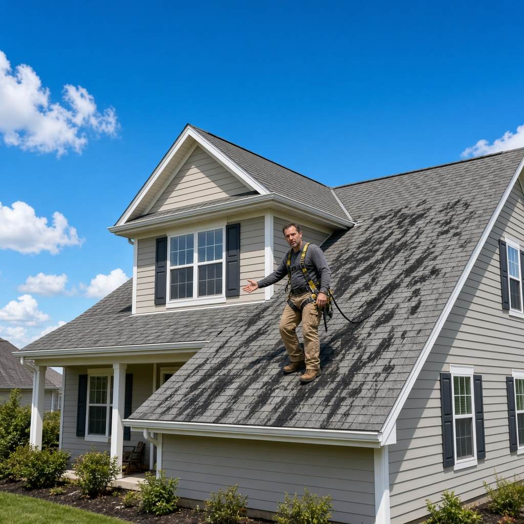 Worker on a ladder at the eave gesturing toward heavy black algae streaks on the asphalt shingle roof of a newer Gainesville, VA home.