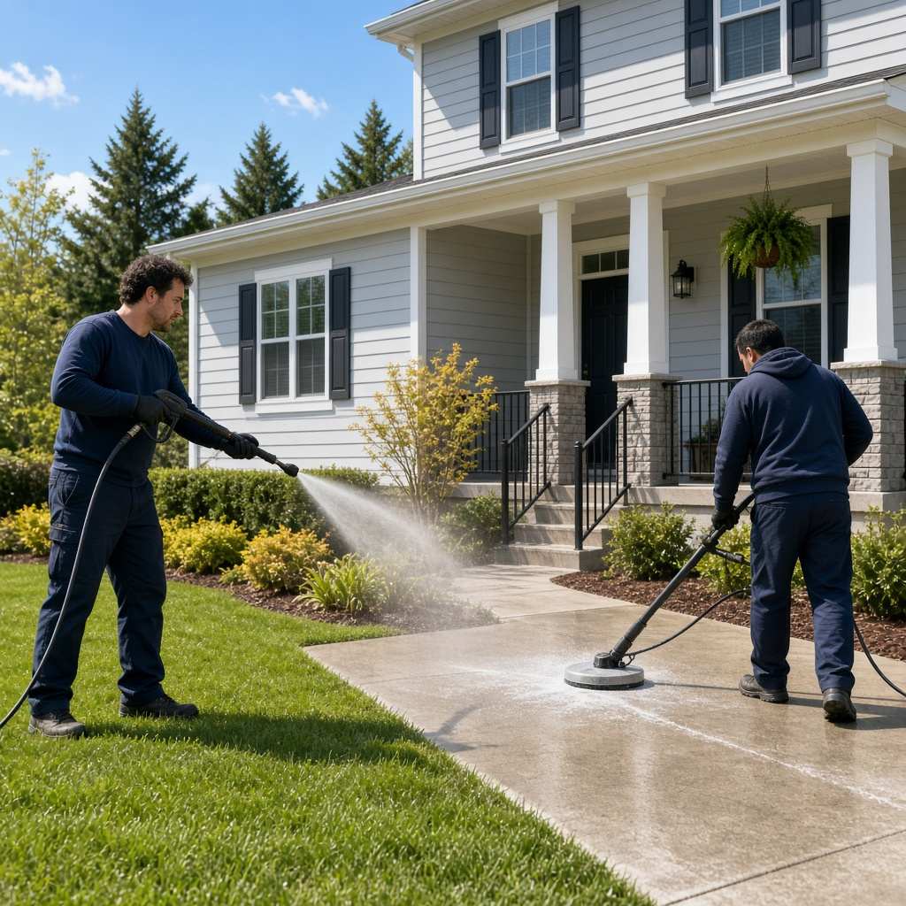 Split scene of a worker soft washing light vinyl siding on one side and using a high-pressure surface cleaner on concrete on the other, in Gainesville, VA.