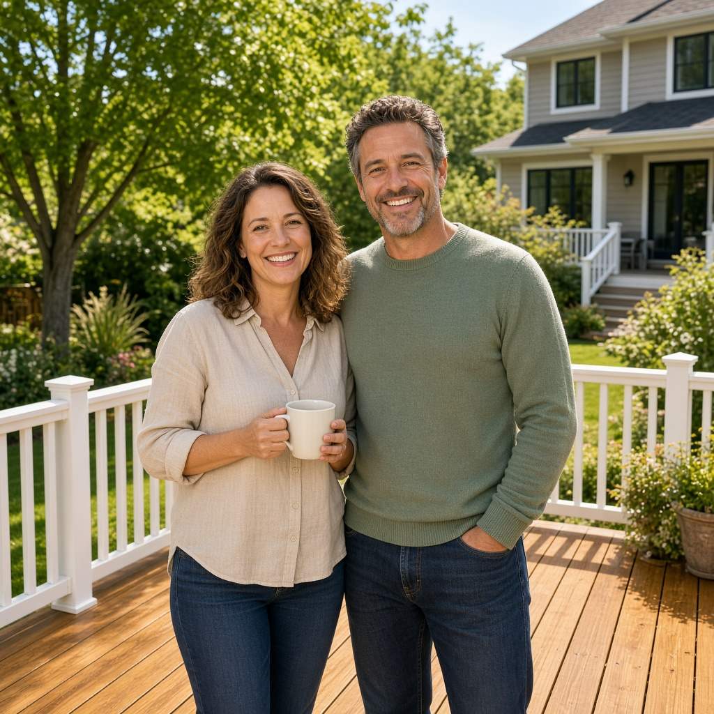 Couple standing on a freshly cleaned and restored wood deck with composite railing behind a newer Gainesville, VA home.