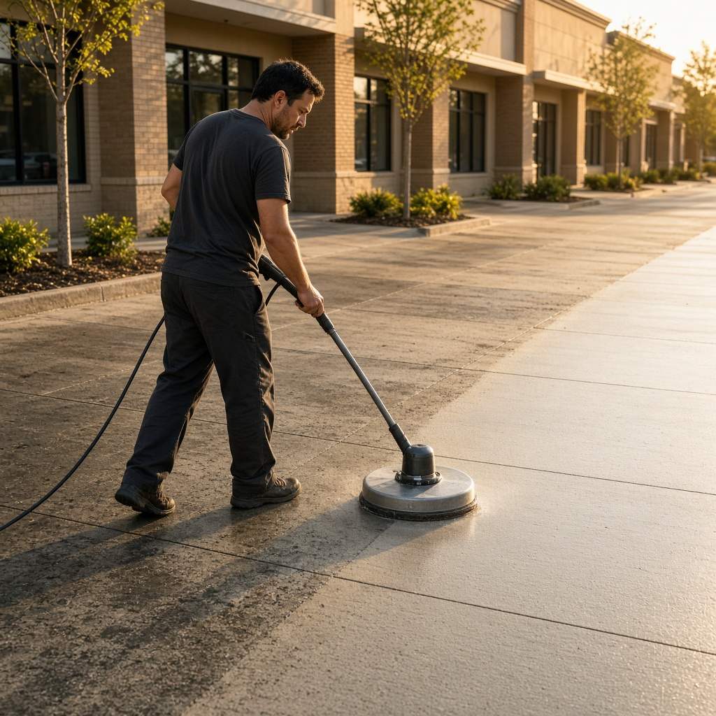 Worker using a surface cleaner on a commercial concrete sidewalk outside a small Gainesville, VA storefront in early morning light.