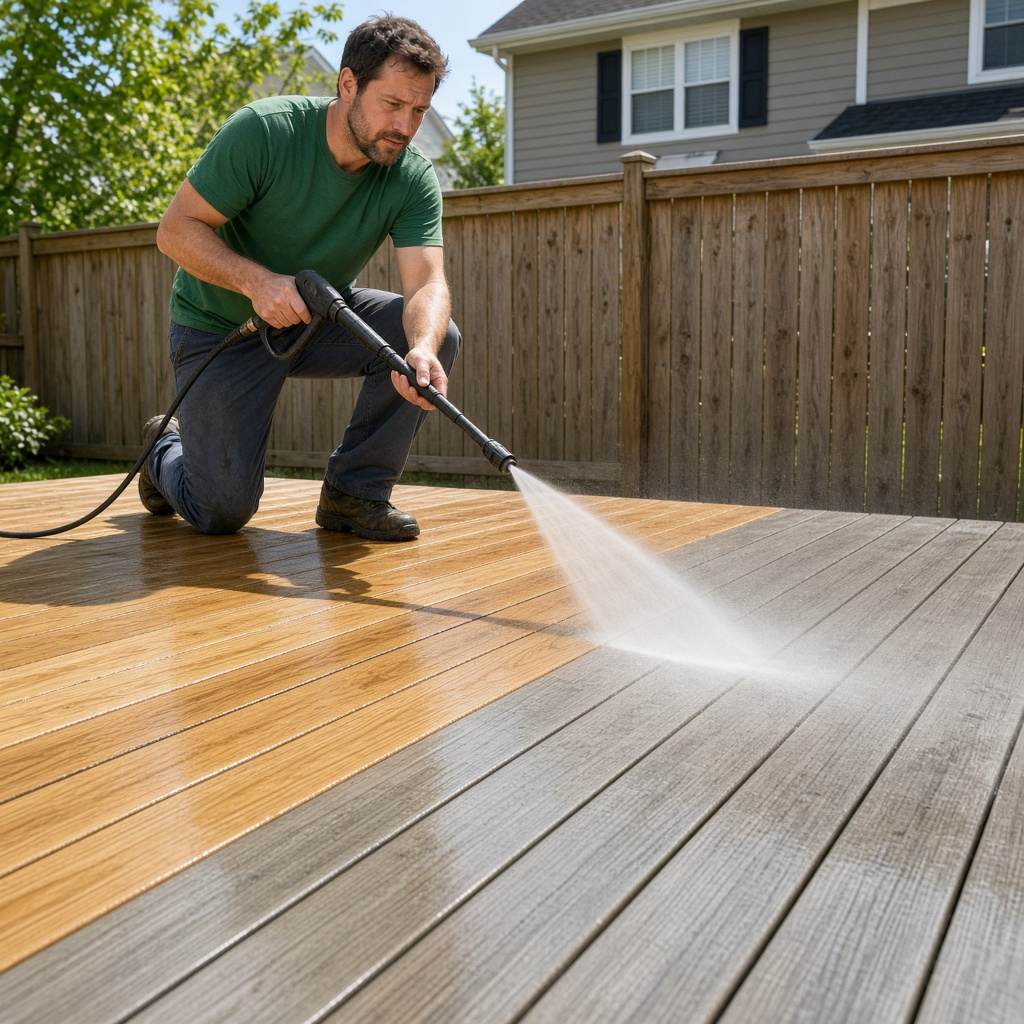 Worker soft washing a backyard wood deck in Gainesville, VA, with cleaned golden-brown boards beside gray weathered ones.