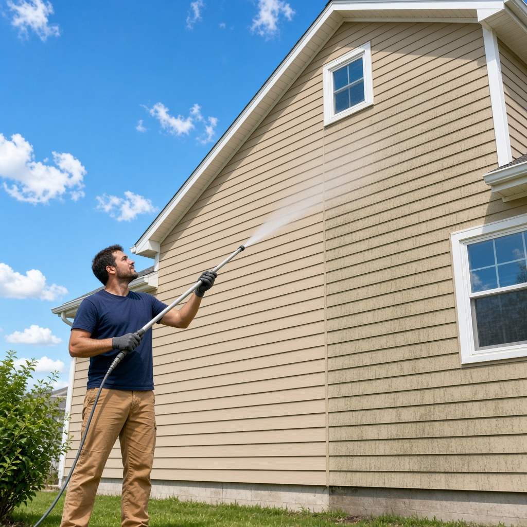 Worker applying a low-pressure soft-wash spray to the upper vinyl siding of a two-story Gainesville, VA home, half the siding visibly cleaner.