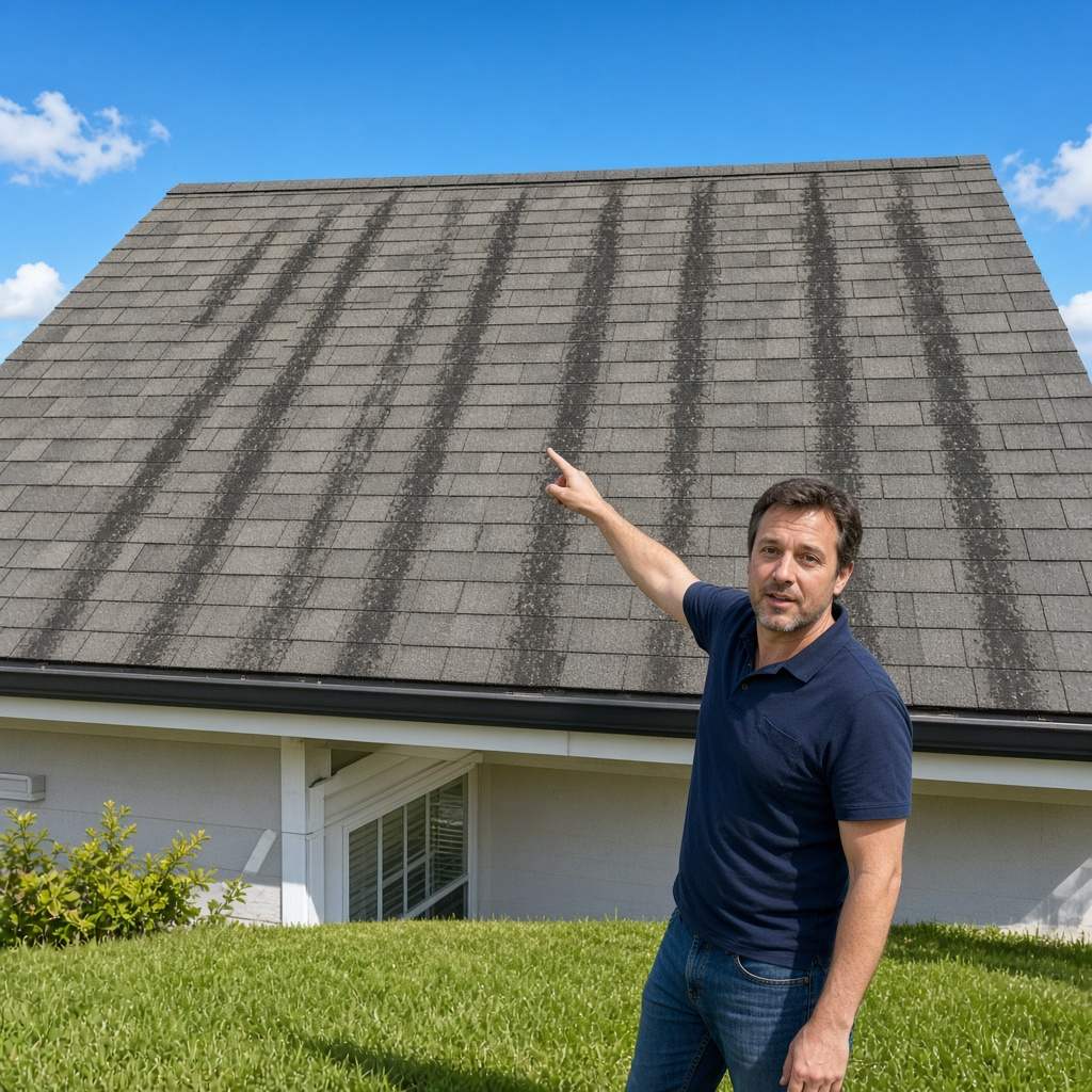 Close-up of asphalt shingles with dark black gloeocapsa magma algae streaks running down a Gainesville, VA roofline.