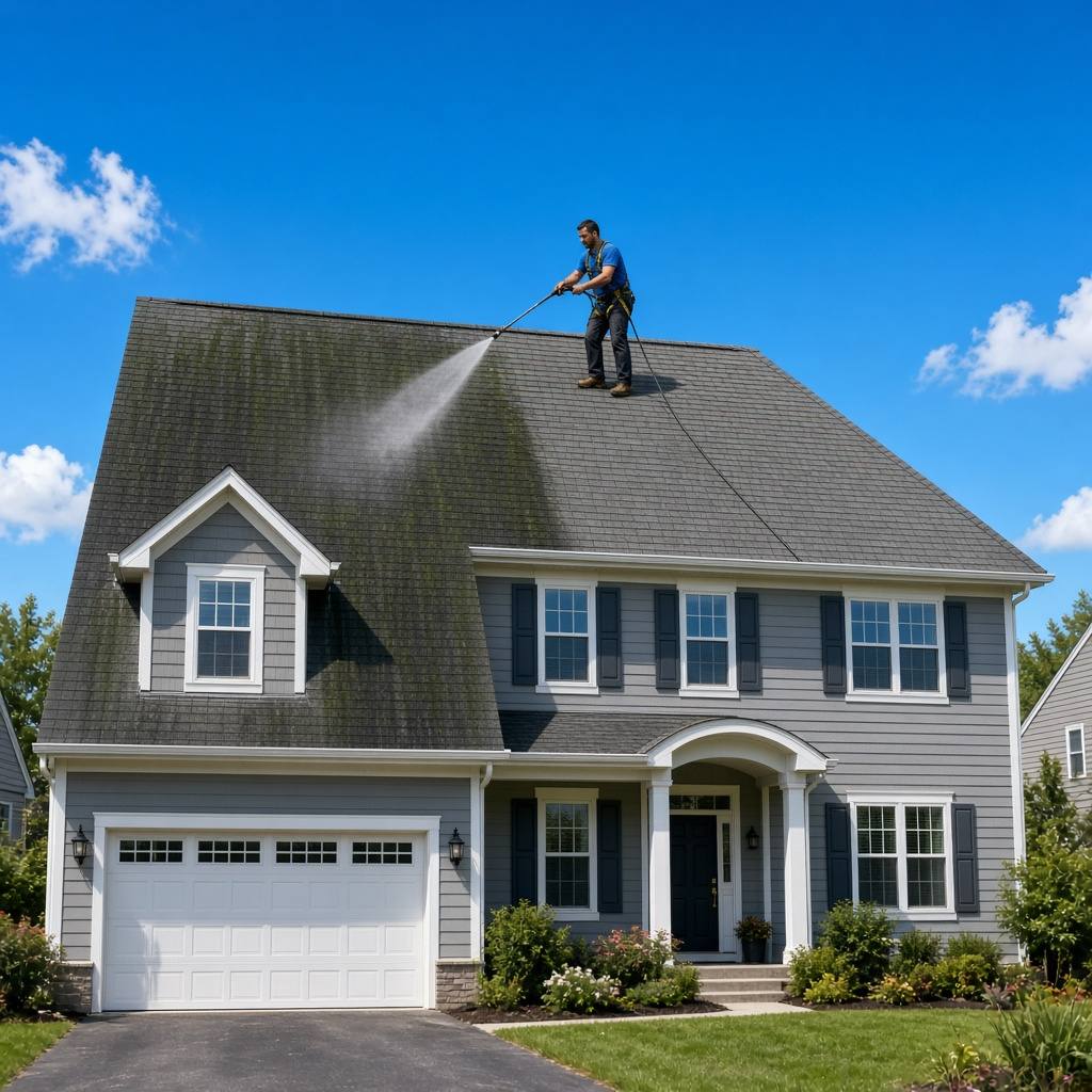 Worker on a ladder applying a no-pressure soft-wash solution to an asphalt shingle roof in Gainesville, VA, black streaks beside clean shingles.
