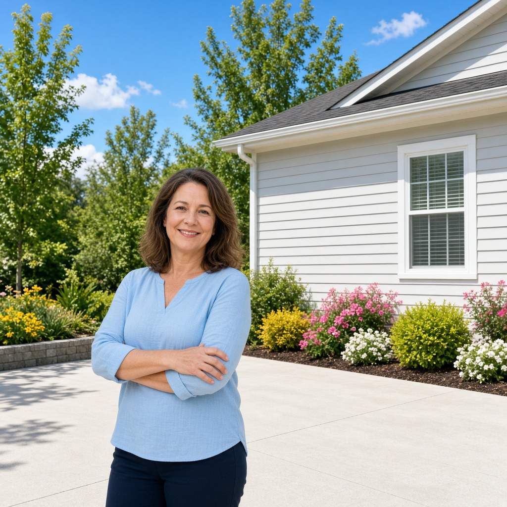 Homeowner standing on a clean concrete driveway in front of a newer suburban Gainesville, VA home with freshly cleaned siding.