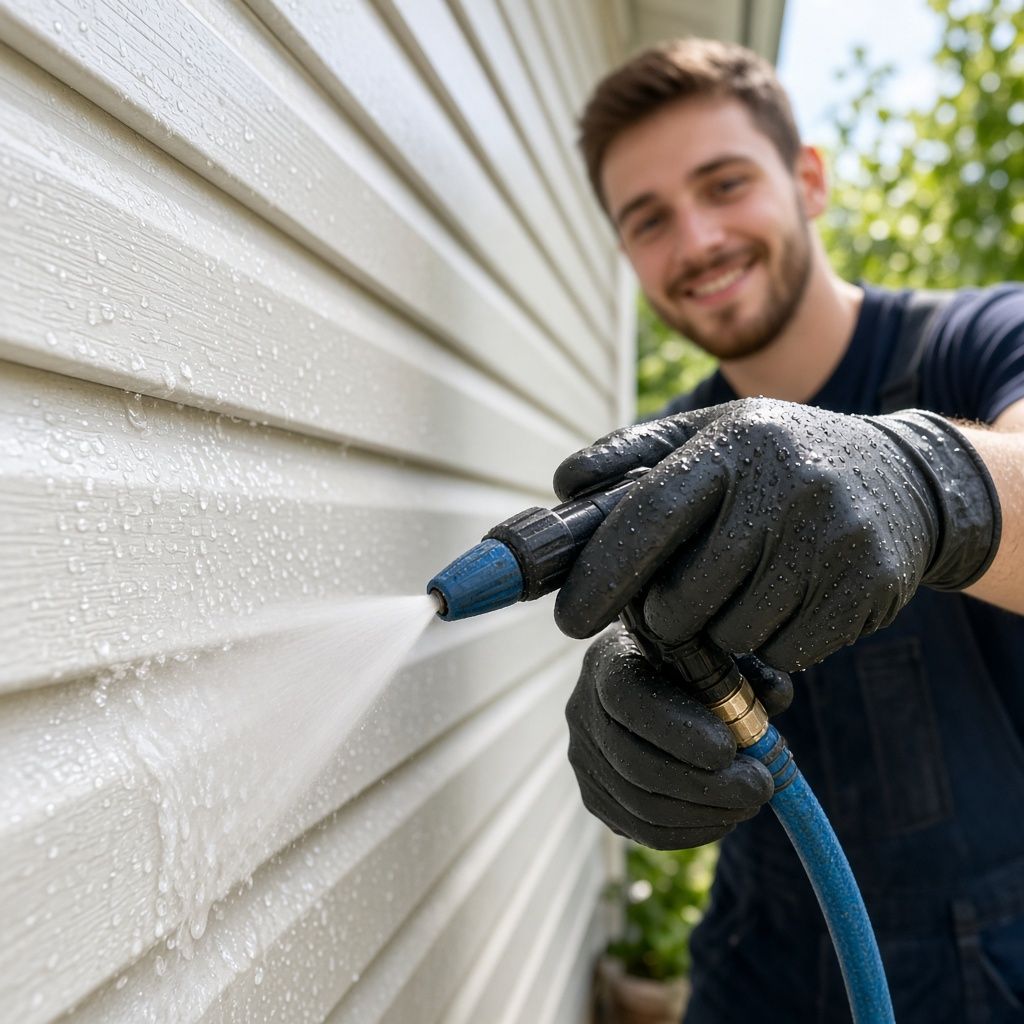 Close-up of a worker’s gloved hands holding a soft-wash nozzle with mild suds on clean light-colored vinyl lap siding.